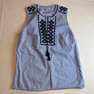 J. Crew Navy White Striped Embroidered Front Tie Sleeveless Blouse Size 2